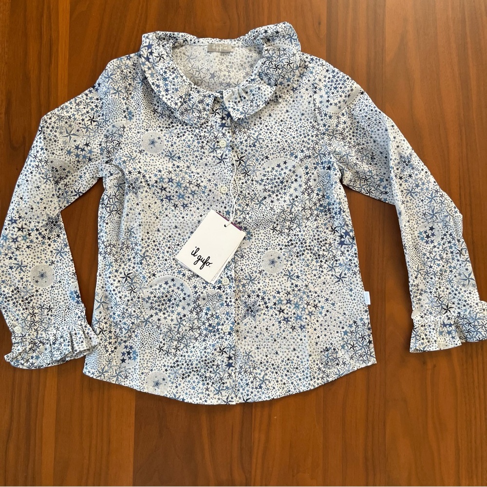 IL GUFO | NWT Blue and White Floral Button Down Shirt with Ruffled Cuffs SIZE 6y